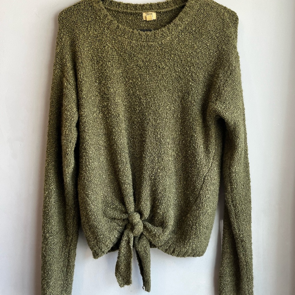 True Craft Olive Popcorn Earthy Tie-Front Sweater S/M
